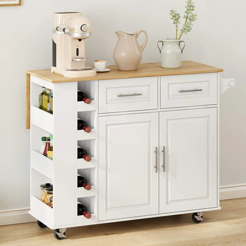 Kitchen Island Cart with Spice Rack, Towel Holder and Wine Rack on Wheels