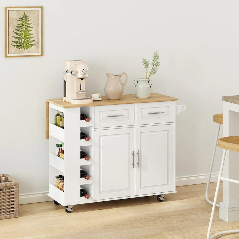 Kitchen Island Cart with Spice Rack, Towel Holder and Wine Rack on Wheels