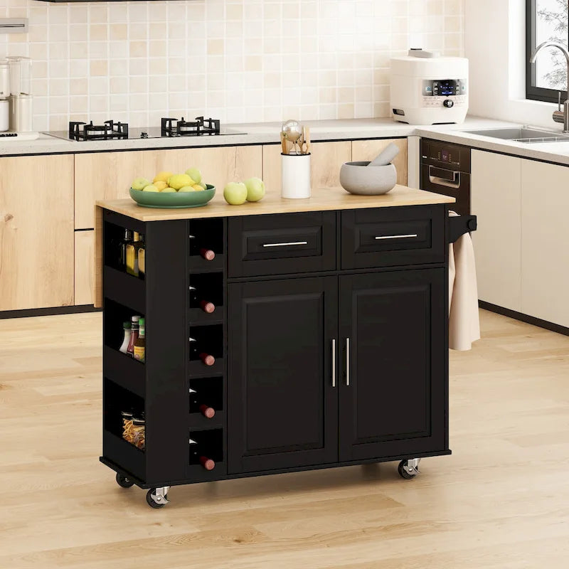 Kitchen Island Cart with Spice Rack, Towel Holder and Wine Rack on Wheels