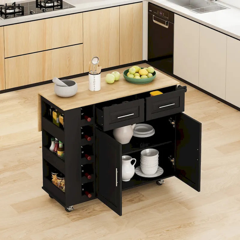 Kitchen Island Cart with Spice Rack, Towel Holder and Wine Rack on Wheels