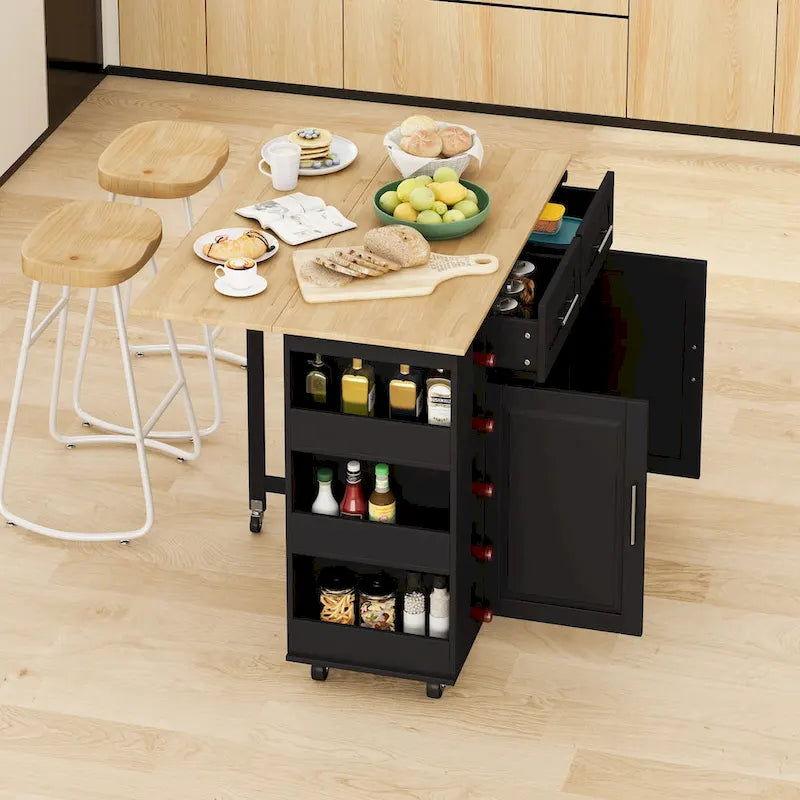 Kitchen Island Cart with Spice Rack, Towel Holder and Wine Rack on Wheels
