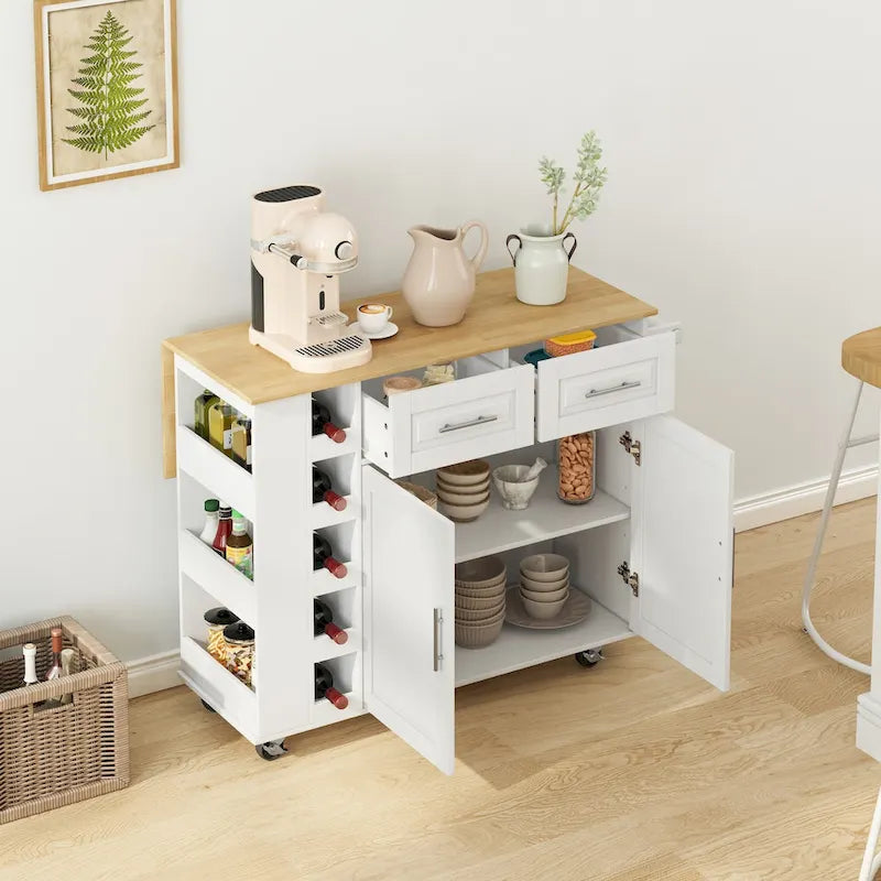 Kitchen Island Cart with Spice Rack, Towel Holder and Wine Rack on Wheels