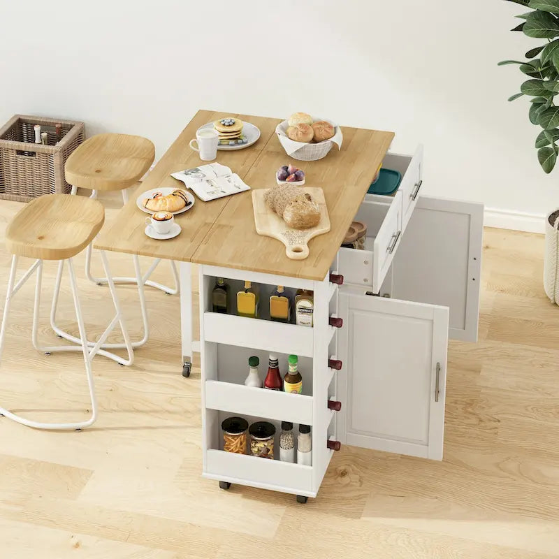 Kitchen Island Cart with Spice Rack, Towel Holder and Wine Rack on Wheels