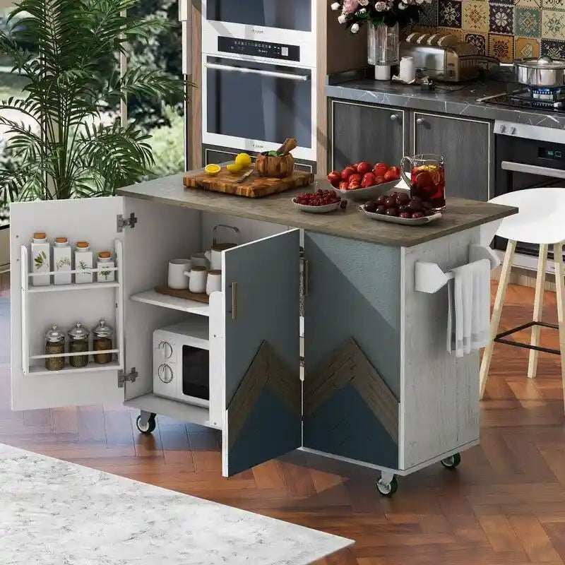 Retro Kitchen Island on Wheels with Drop Leaf and Internal Storage Rack