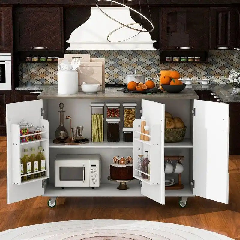 Retro Kitchen Island on Wheels with Drop Leaf and Internal Storage Rack