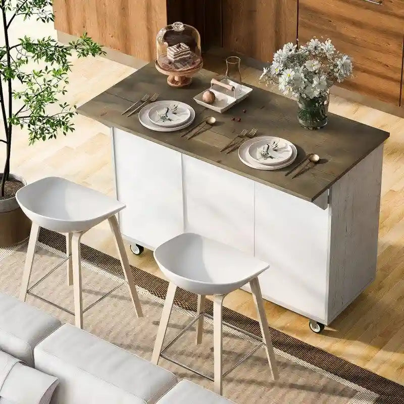 Retro Kitchen Island on Wheels with Drop Leaf and Internal Storage Rack