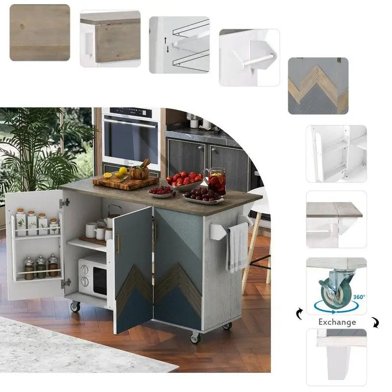 Retro Kitchen Island on Wheels with Drop Leaf and Internal Storage Rack