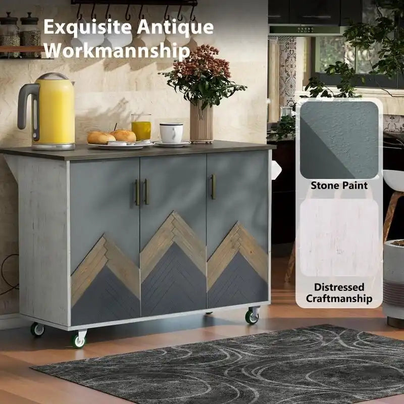 Retro Kitchen Island on Wheels with Drop Leaf and Internal Storage Rack