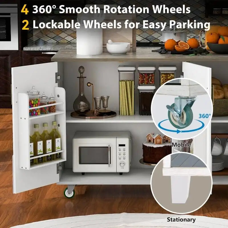 Retro Kitchen Island on Wheels with Drop Leaf and Internal Storage Rack