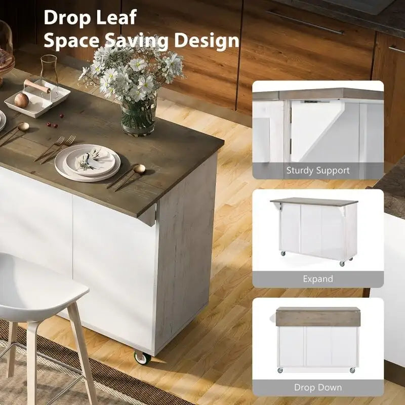 Retro Kitchen Island on Wheels with Drop Leaf and Internal Storage Rack