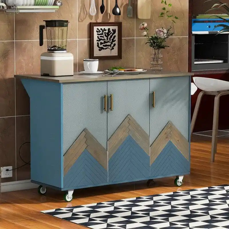 Retro Kitchen Island on Wheels with Drop Leaf and Internal Storage Rack