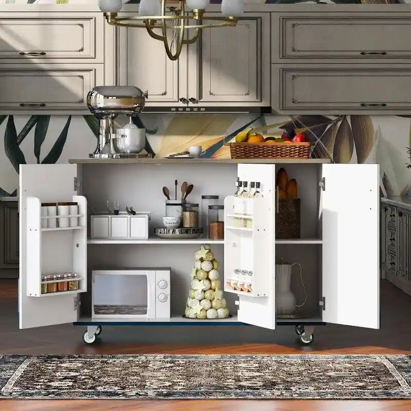 Retro Kitchen Island on Wheels with Drop Leaf and Internal Storage Rack