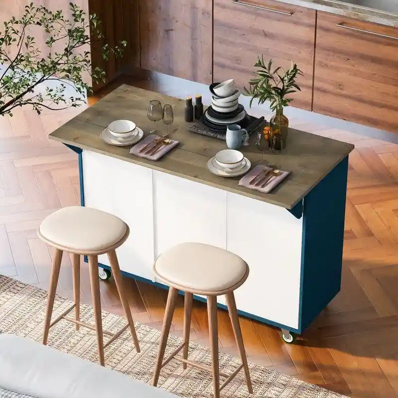 Retro Kitchen Island on Wheels with Drop Leaf and Internal Storage Rack