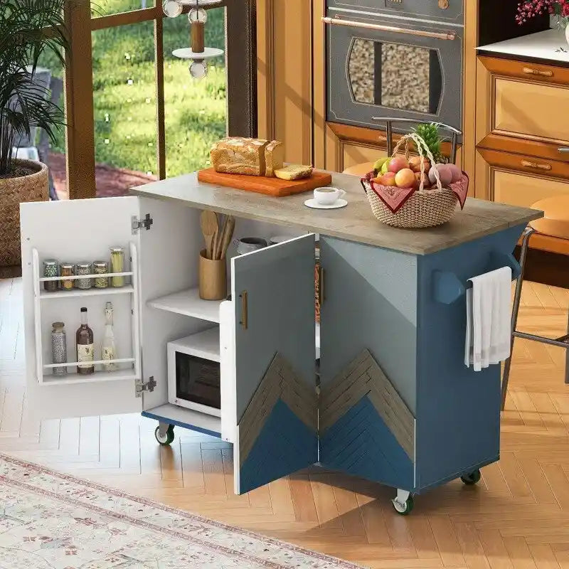 Retro Kitchen Island on Wheels with Drop Leaf and Internal Storage Rack