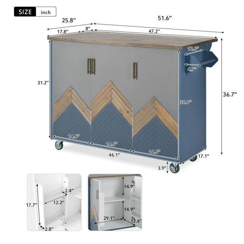 Retro Kitchen Island on Wheels with Drop Leaf and Internal Storage Rack
