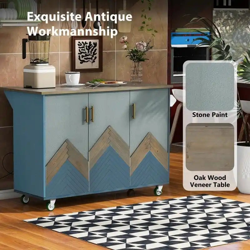 Retro Kitchen Island on Wheels with Drop Leaf and Internal Storage Rack