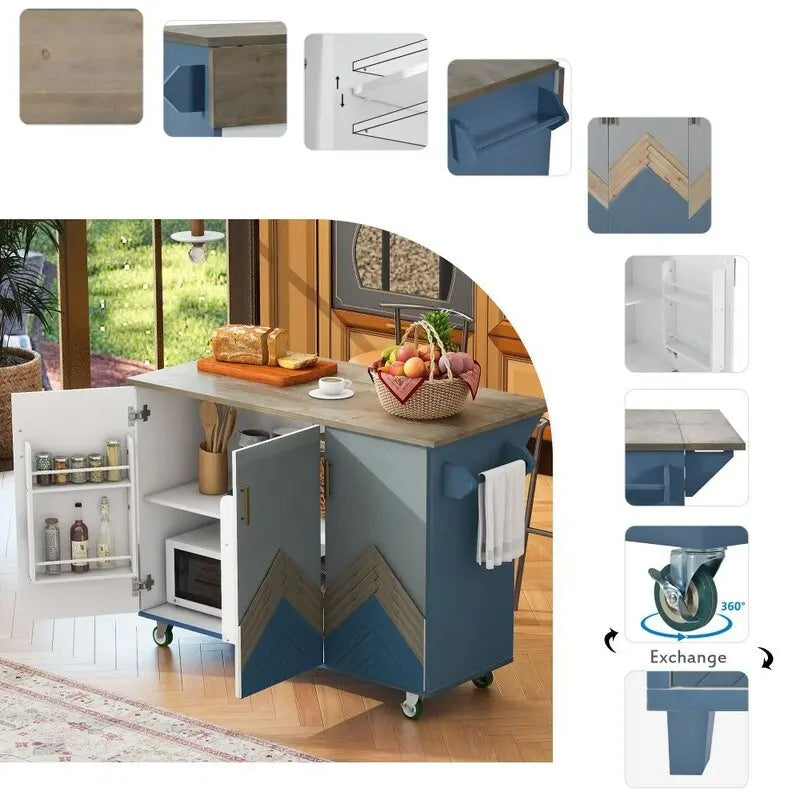 Retro Kitchen Island on Wheels with Drop Leaf and Internal Storage Rack