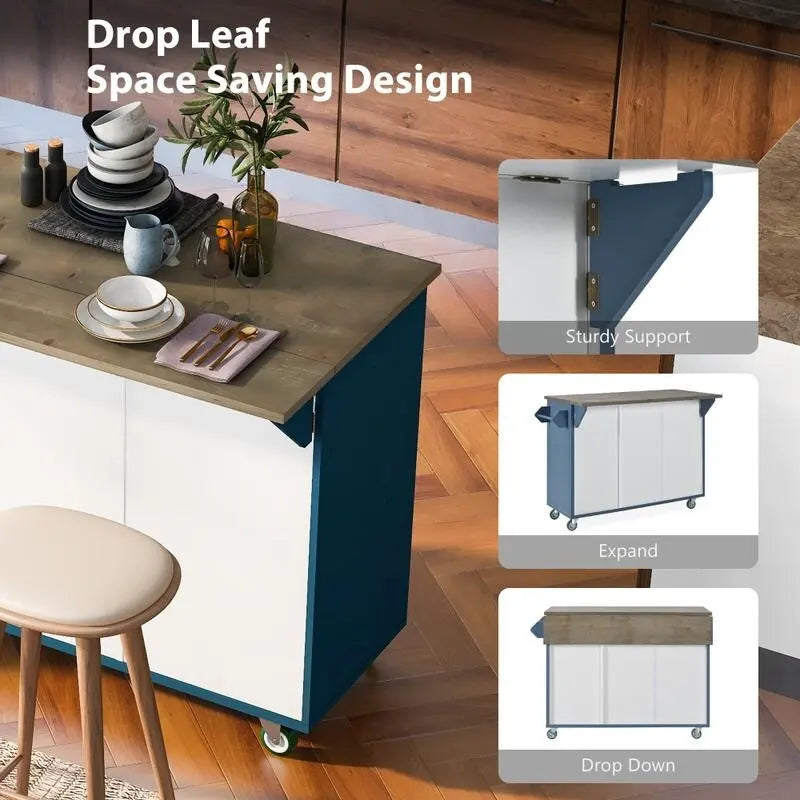 Retro Kitchen Island on Wheels with Drop Leaf and Internal Storage Rack