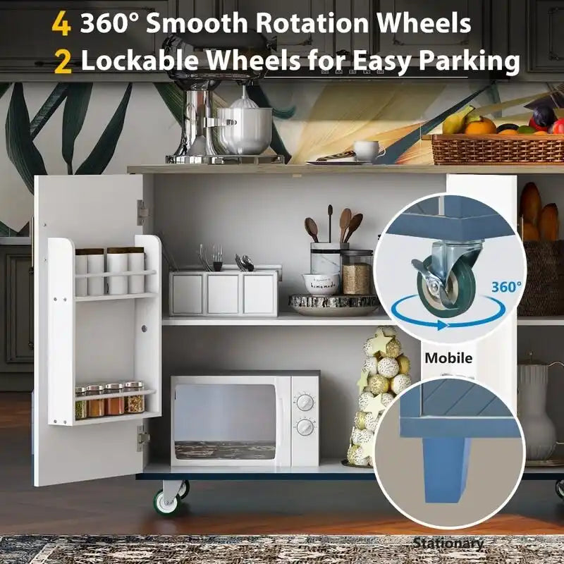Retro Kitchen Island on Wheels with Drop Leaf and Internal Storage Rack
