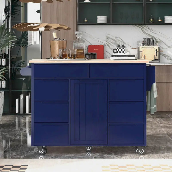 Rubberwood Kitchen Cart with Drop Leaf, Internal Storage Rack, Tableware organizer, and 8 drawers