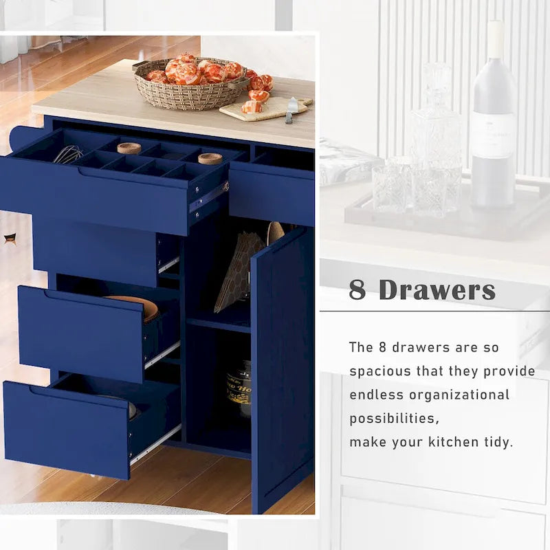 Kitchen Cart with Drop Leaf 8 Drawers Storage Cabinet on Wheels