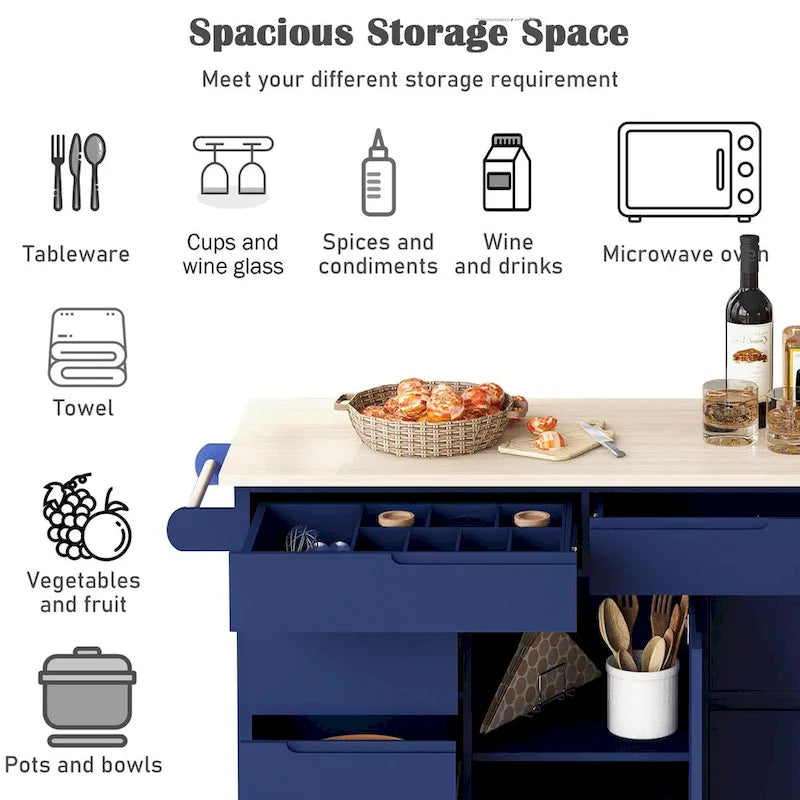 Kitchen Cart with Drop Leaf 8 Drawers Storage Cabinet on Wheels