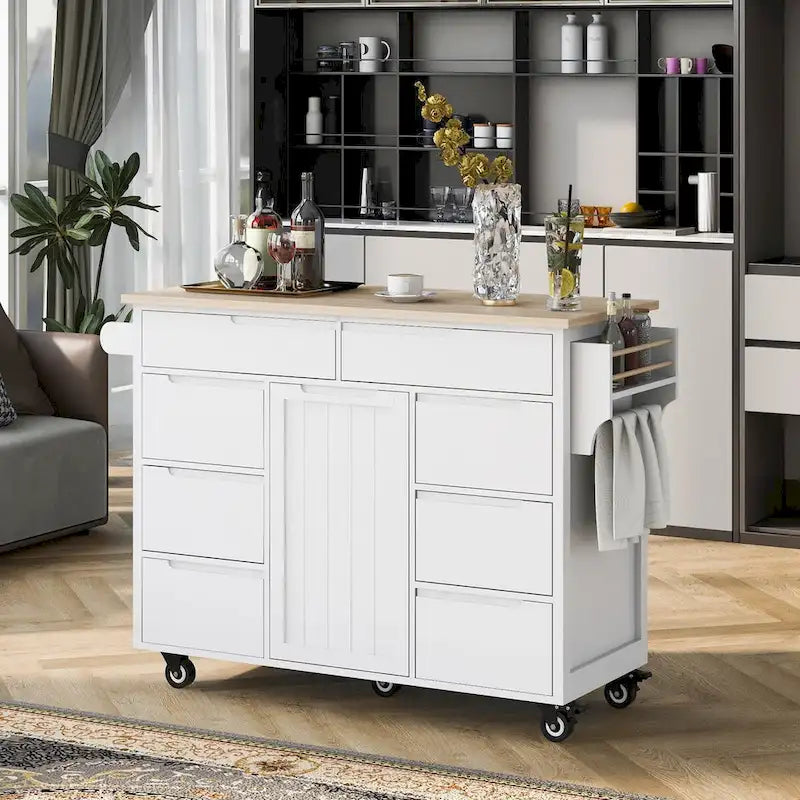 Kitchen Cart with Drop Leaf 8 Drawers Storage Cabinet on Wheels