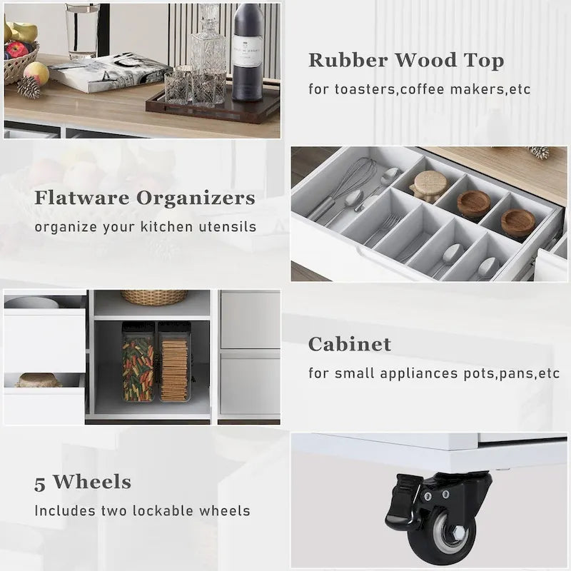 Kitchen Cart with Drop Leaf 8 Drawers Storage Cabinet on Wheels