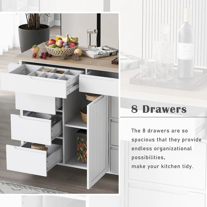 Kitchen Cart with Drop Leaf 8 Drawers Storage Cabinet on Wheels