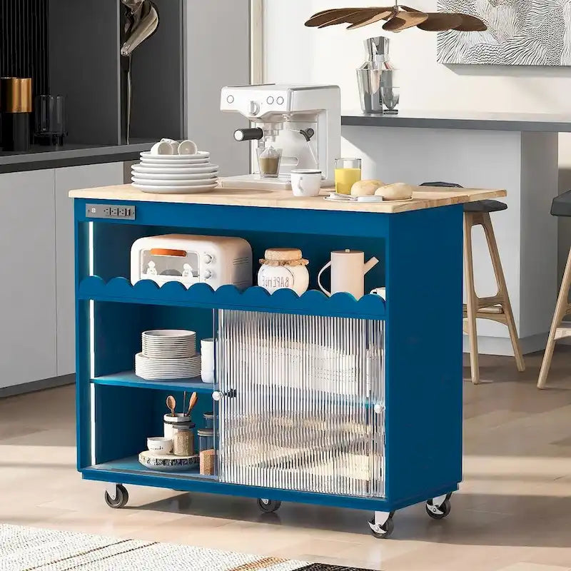 Multi-Functional Kitchen Island Cart with Drop Leaf, LED Light, and Power Outlets