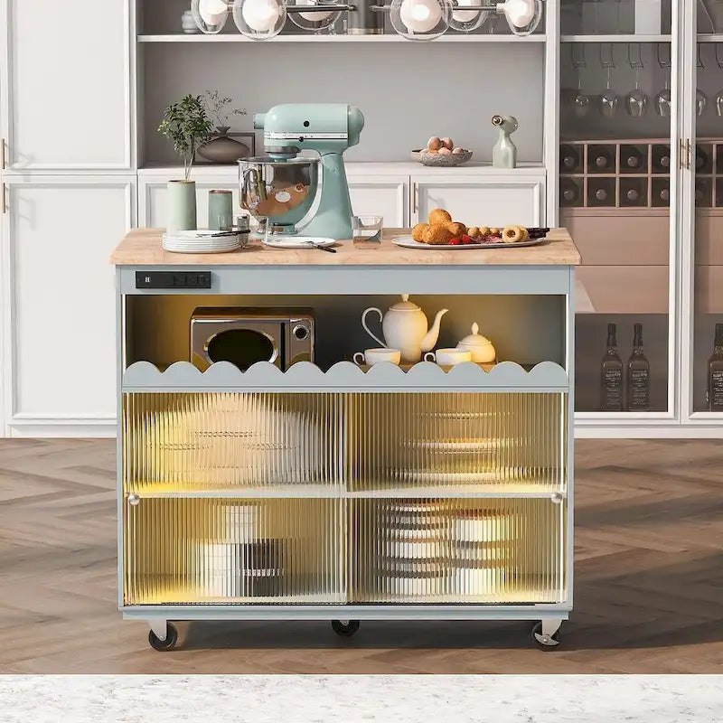 Multi-Functional Kitchen Island Cart with Drop Leaf, LED Light, and Power Outlets