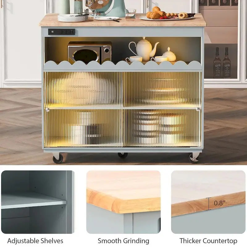 Multi-Functional Kitchen Island Cart with Drop Leaf, LED Light, and Power Outlets