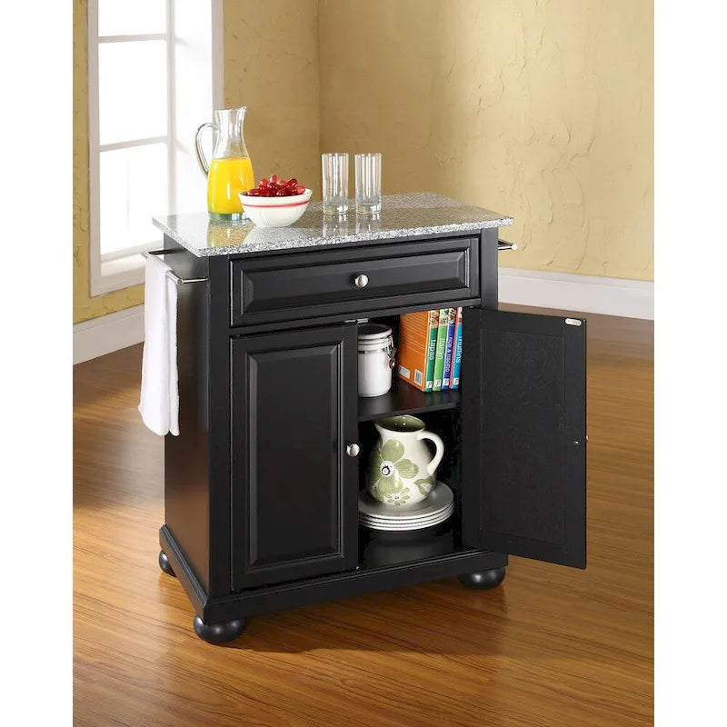 Solid Granite Top Portable Kitchen Island in Black Finish 18D x 31W x 33.5H