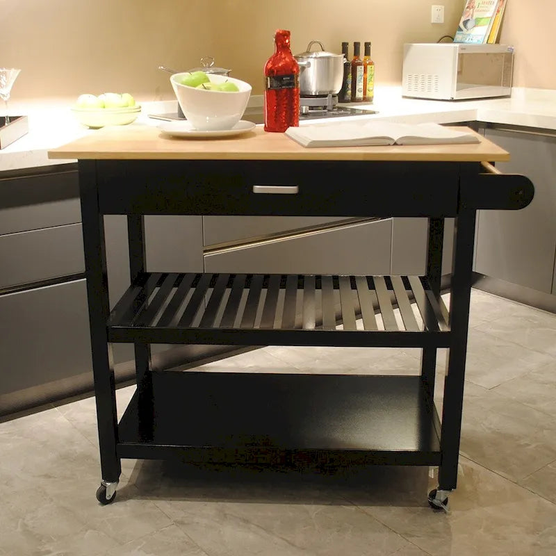 40 Inch Mobile Kitchen Island Cart with Two Lockable Wheels Black White