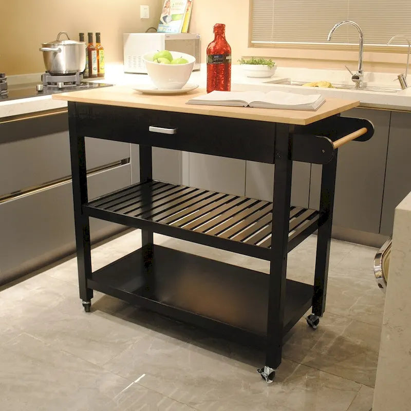 40 Inch Mobile Kitchen Island Cart with Two Lockable Wheels Black White