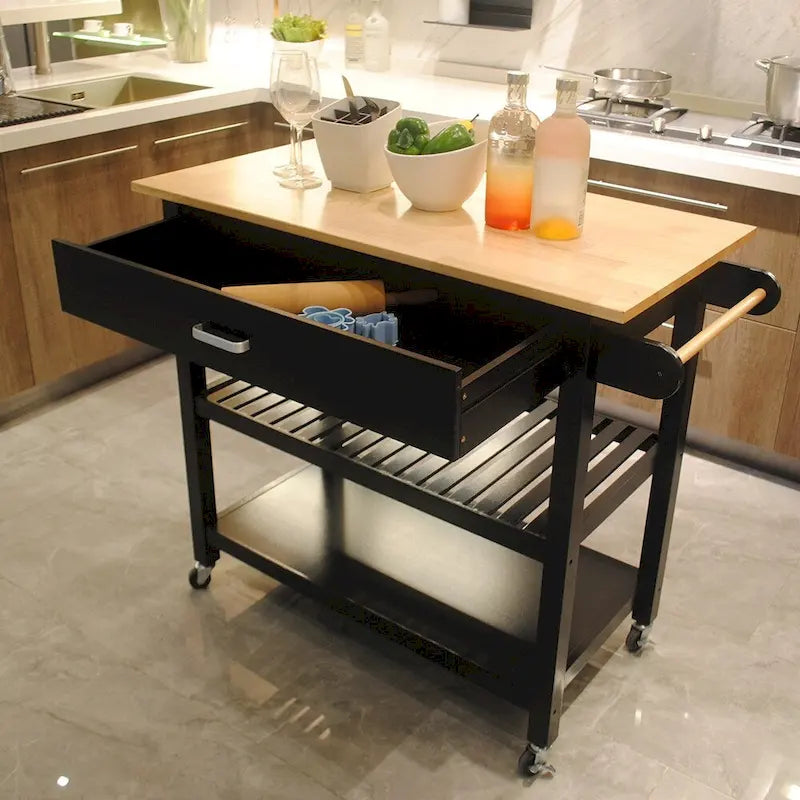 40 Inch Mobile Kitchen Island Cart with Two Lockable Wheels Black White