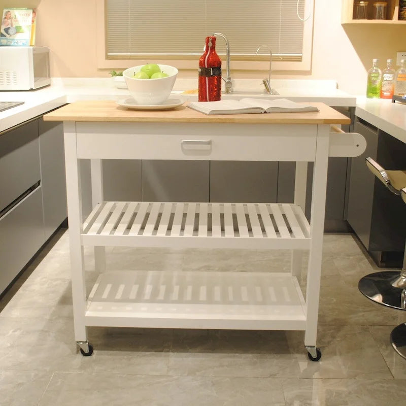 40 Inch Mobile Kitchen Island Cart with Two Lockable Wheels Black White