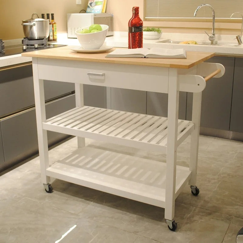 40 Inch Mobile Kitchen Island Cart with Two Lockable Wheels Black White