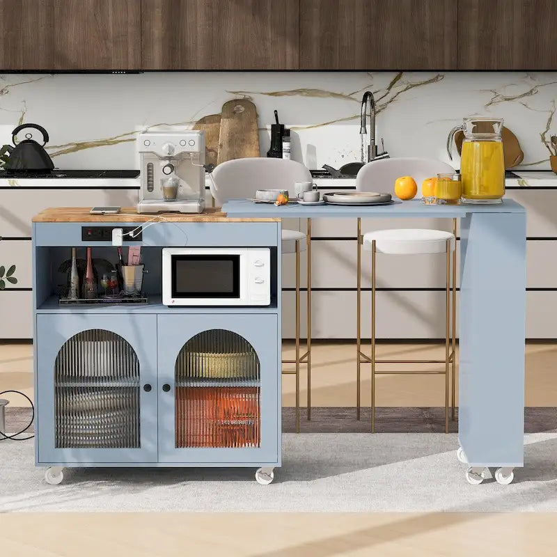 Rolling Kitchen Island with Movable Extended Table on Wheels, LED Lights, Power Outlets, Fluted Doors and Open Adjustable Shelves