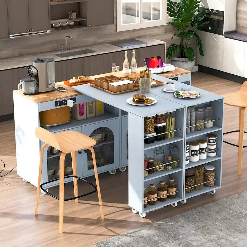 Rolling Kitchen Island with Movable Extended Table on Wheels, LED Lights, Power Outlets, Fluted Doors and Open Adjustable Shelves