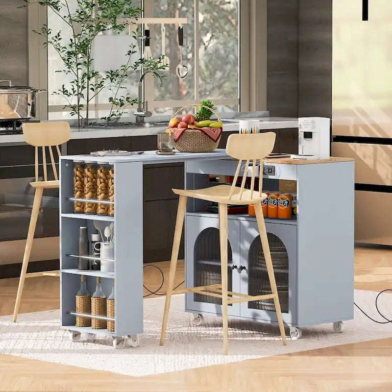 Rolling Kitchen Island with Movable Extended Table on Wheels, LED Lights, Power Outlets, Fluted Doors and Open Adjustable Shelves
