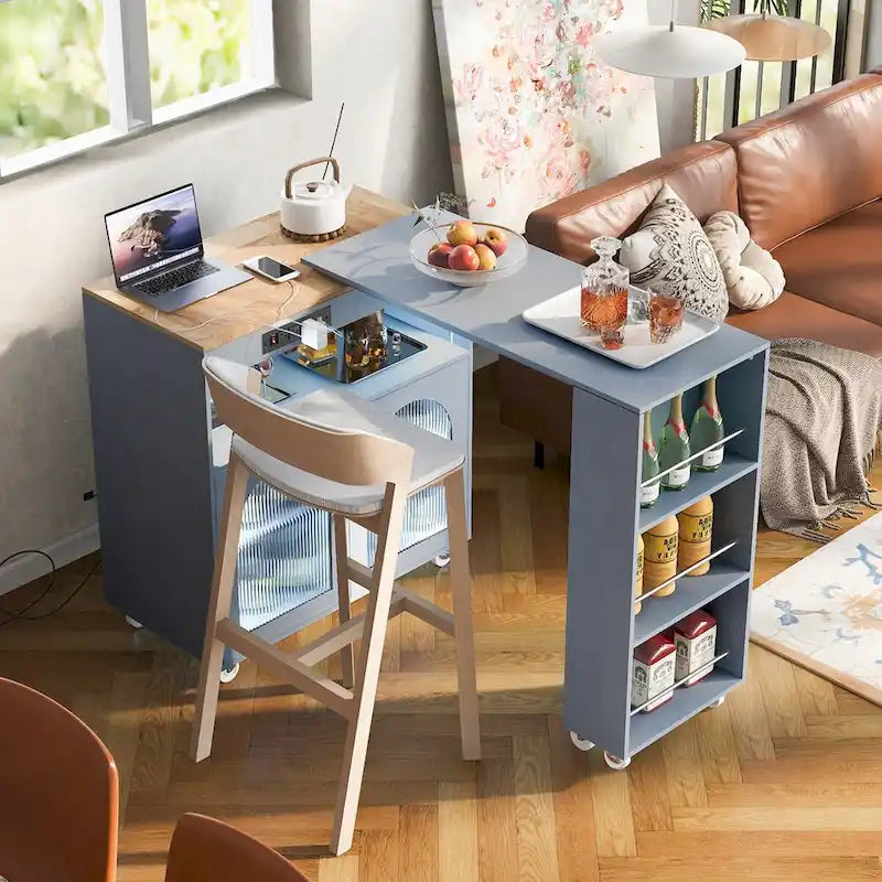 Rolling Kitchen Island with Movable Extended Table on Wheels, LED Lights, Power Outlets, Fluted Doors and Open Adjustable Shelves