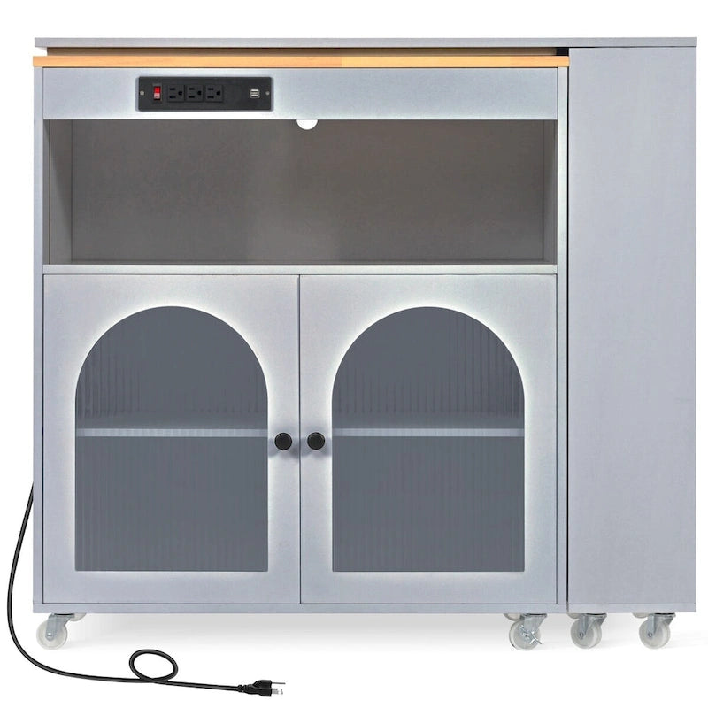Rolling Kitchen Island with Movable Extended Table on Wheels, LED Lights, Power Outlets, Fluted Doors and Open Adjustable Shelves