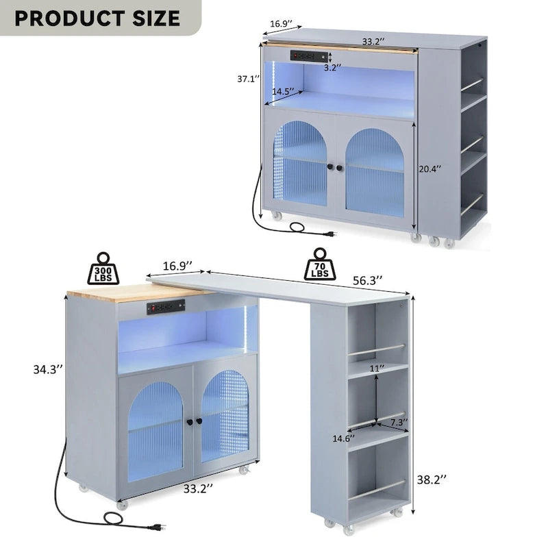 Rolling Kitchen Island with Movable Extended Table on Wheels, LED Lights, Power Outlets, Fluted Doors and Open Adjustable Shelves