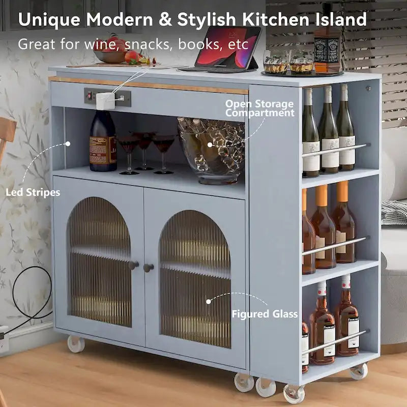 Rolling Kitchen Island with Movable Extended Table on Wheels, LED Lights, Power Outlets, Fluted Doors and Open Adjustable Shelves