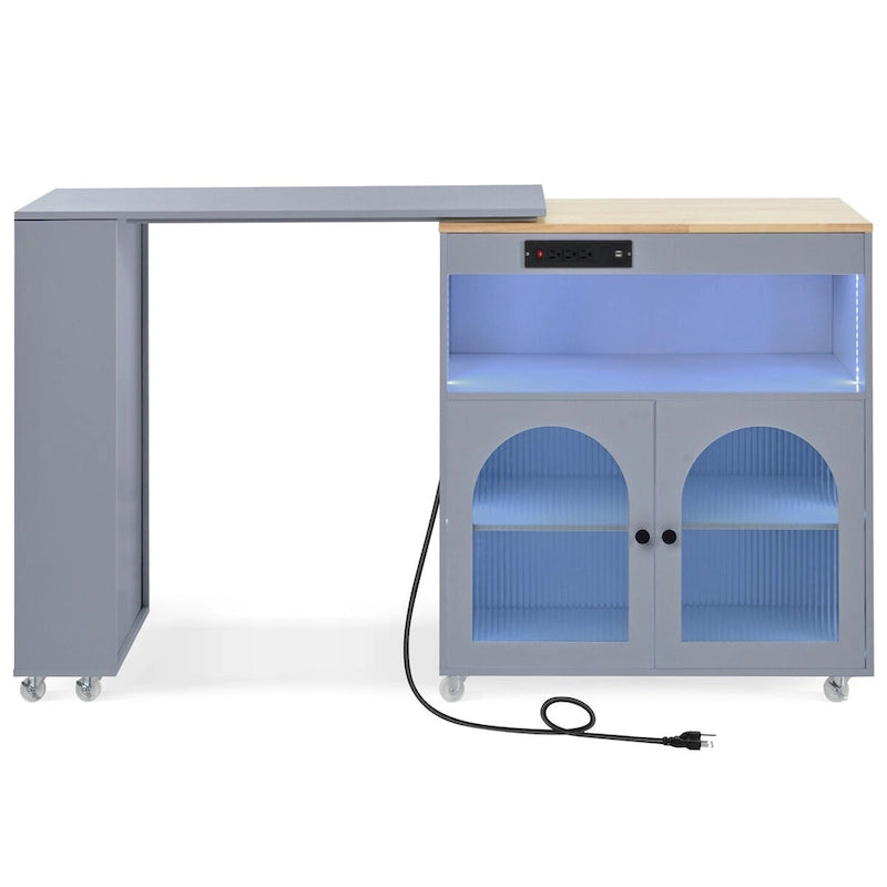 Rolling Kitchen Island with Movable Extended Table on Wheels, LED Lights, Power Outlets, Fluted Doors and Open Adjustable Shelves