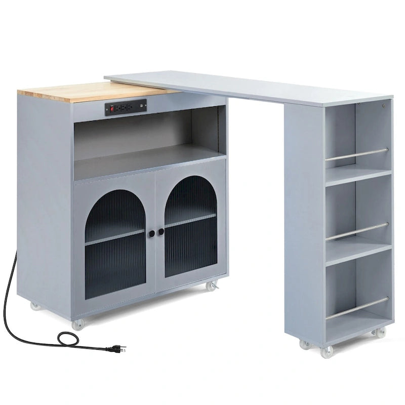 Rolling Kitchen Island with Movable Extended Table on Wheels, LED Lights, Power Outlets, Fluted Doors and Open Adjustable Shelves
