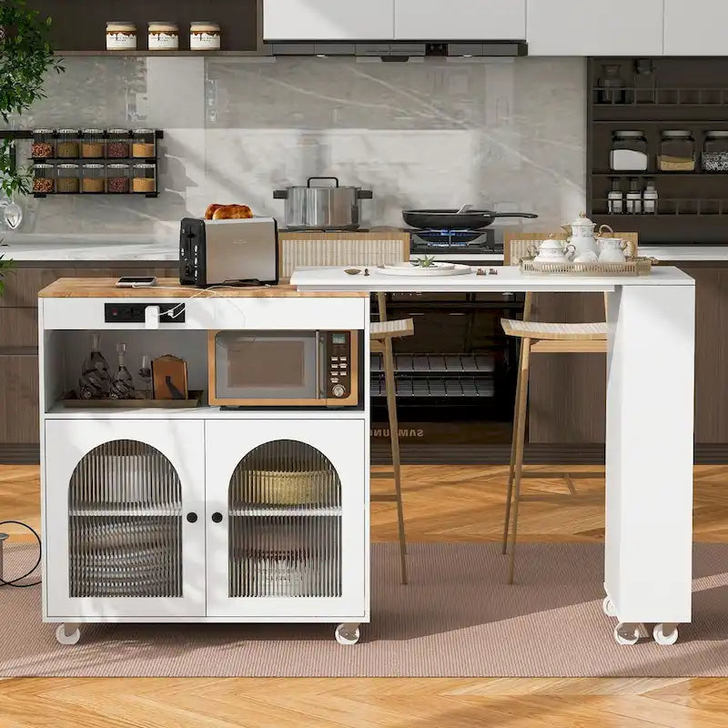 Rolling Kitchen Island with Movable Extended Table on Wheels, LED Lights, Power Outlets, Fluted Doors and Open Adjustable Shelves