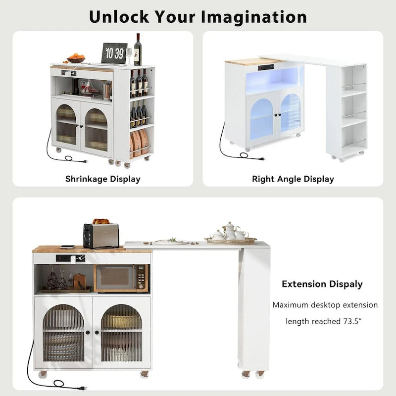 Rolling Kitchen Island with Movable Extended Table on Wheels, LED Lights, Power Outlets, Fluted Doors and Open Adjustable Shelves