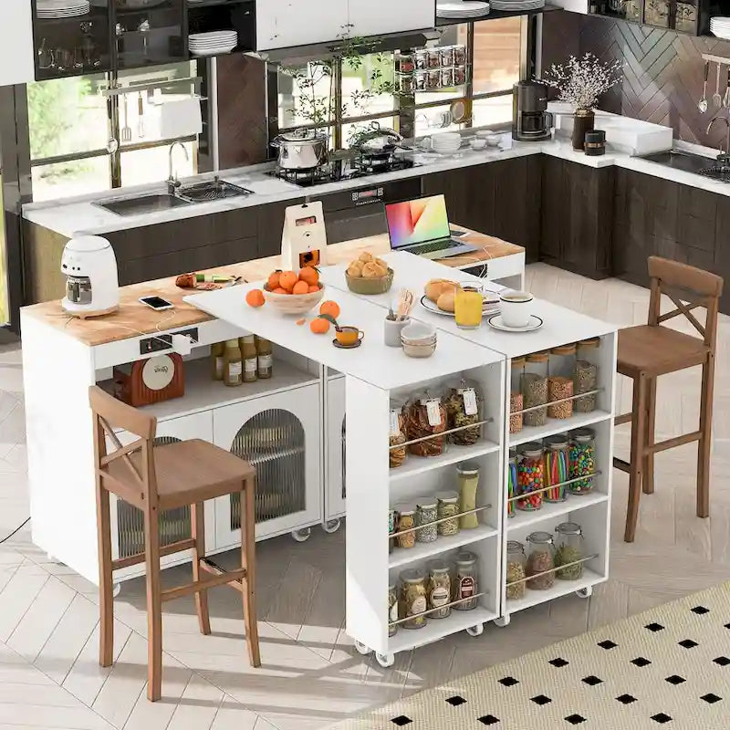 Rolling Kitchen Island with Movable Extended Table on Wheels, LED Lights, Power Outlets, Fluted Doors and Open Adjustable Shelves